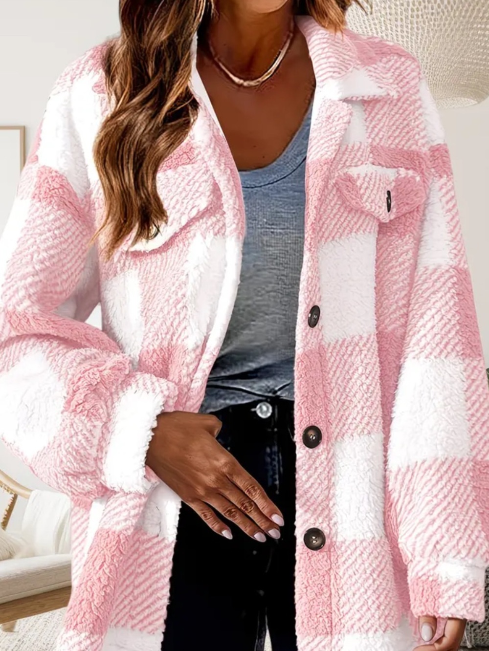 PLAID Pink & White Sherpa Fur Button Up Shacket Jacket L  NIB
